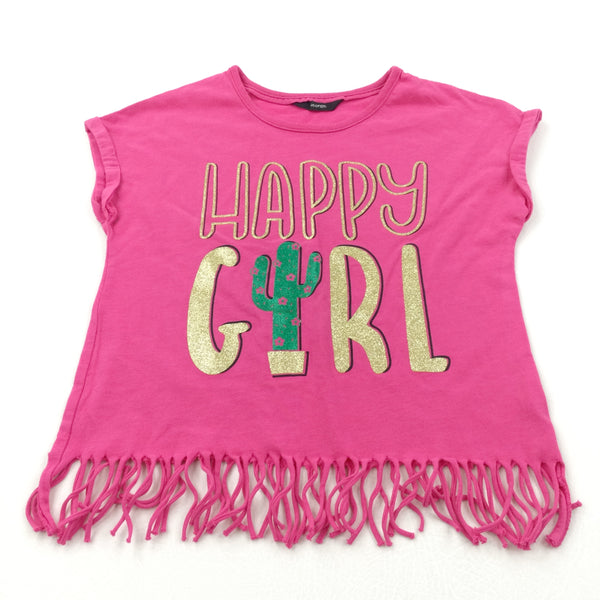 'Happy Girl' Glittery Cactus Hot Pink Cropped T-Shirt with Tassels - Girls 8-9 Years