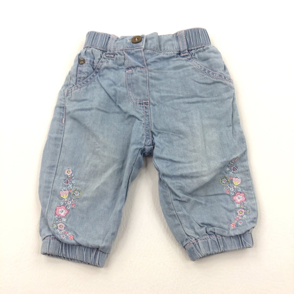 Flowers Embroidered Pale Blue Lined Lightweight Cotton Trousers - Girls 0-3 Months