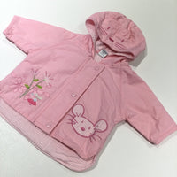 Flowers & Mouse Appliqued & Embroidered Pink Lightweight Showerproof Jacket with Hood - Girls Newborn