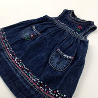 Flowers Embroidered Blue Denim Dress - Girls 3-6 Months