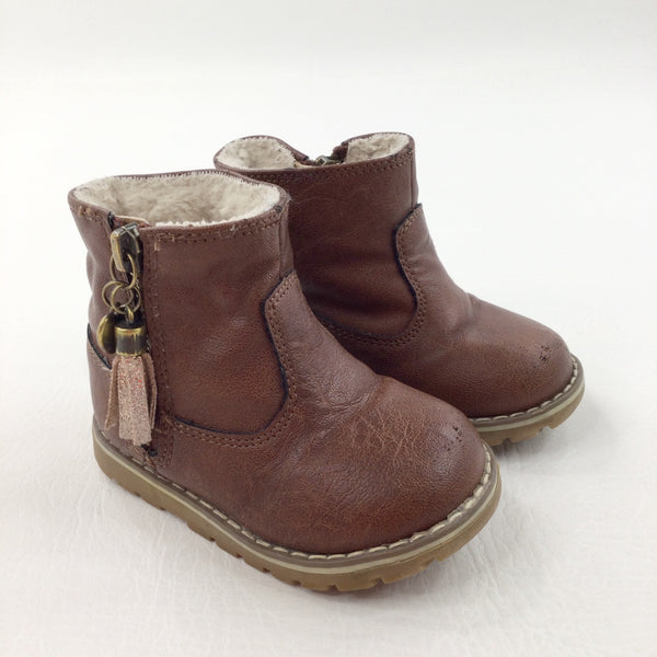 Brown Fleece Lined Zip Up Boots - Girls - Shoe Size 4.5