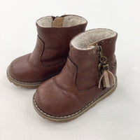 Brown Fleece Lined Zip Up Boots - Girls - Shoe Size 4.5
