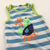 'Life Is Sweet' Turtle Blue, White & Lime Green Jersey Romper - Boys 3-6 Months