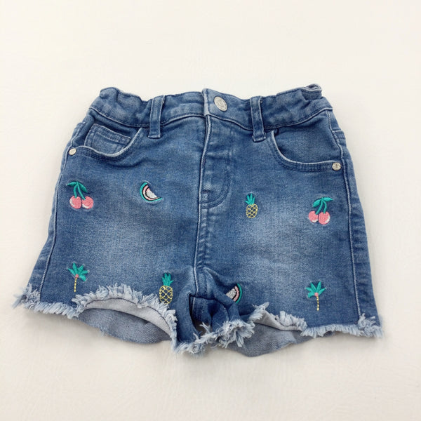 Fruit Embroidered Mid Blue Denim Shorts with Adjustable Waistband - Girls 18-24 Months