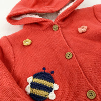 Bee & Butterfly Embroidered Pink Fleece Lined Knitted Coat - Girls 6-9 Months