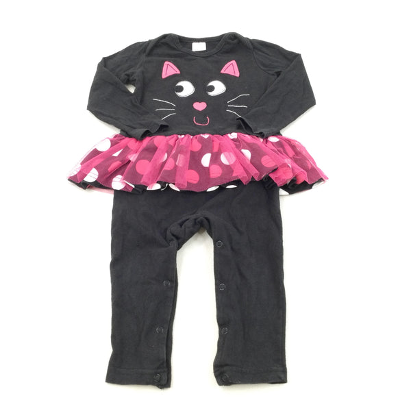 Cat Face Appliqued Pink & Black Jersey Halloween Romper - Girls 12-18 Months