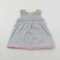 Colourful Pattern Embroidered Grey Dress - Girls 6-9 Months