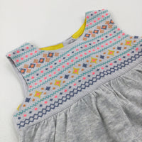 Colourful Pattern Embroidered Grey Dress - Girls 6-9 Months