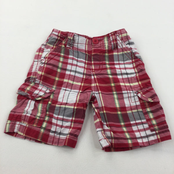 Red, Yellow & White Checked Cotton Cargo Shorts - Boys 12-18 Months
