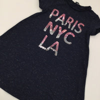 'Paris…' Sequins Navy Short Sleeve Dress - Girls 5-6 Years
