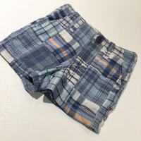 Blue, White & Peach Checked Cotton Shorts - Boys 6-12 Months