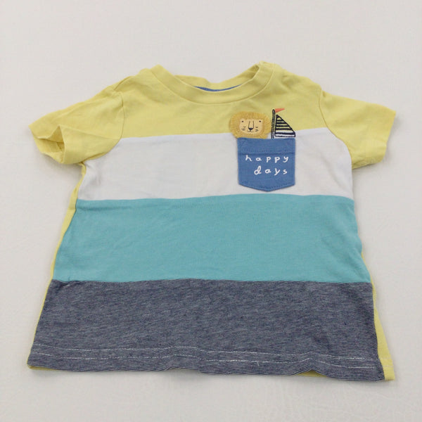 'Happy Days' Lion Appliqued Yellow, White, Teal & Navy Striped T-Shirt - Boys 0-3 Months