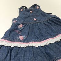 'Bunnies Little Helpers' Bees Embroidered Blue Denim Effect Cotton Dress - Girls 9-12 Months
