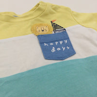 'Happy Days' Lion Appliqued Yellow, White, Teal & Navy Striped T-Shirt - Boys 0-3 Months