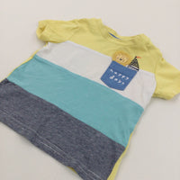 'Happy Days' Lion Appliqued Yellow, White, Teal & Navy Striped T-Shirt - Boys 0-3 Months