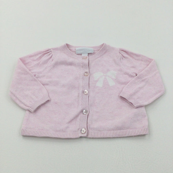 Bow Motif Pink Mottled Lightweight Knitted Cardigan - Girls 0-3 Months