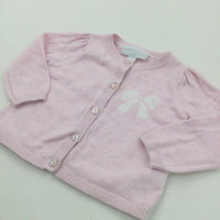 Bow Motif Pink Mottled Lightweight Knitted Cardigan - Girls 0-3 Months