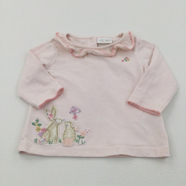 Rabbits & Flowers Appliqued Pink Long Sleeve Top - Girls 0-3 Months