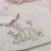 Rabbits & Flowers Appliqued Pink Long Sleeve Top - Girls 0-3 Months