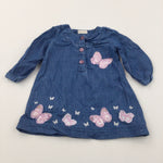 Sequins Butterflies Appliqued Blue Lightweight Denim Dress - Girls 0-3 Months