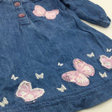 Sequins Butterflies Appliqued Blue Lightweight Denim Dress - Girls 0-3 Months