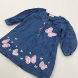 Sequins Butterflies Appliqued Blue Lightweight Denim Dress - Girls 0-3 Months