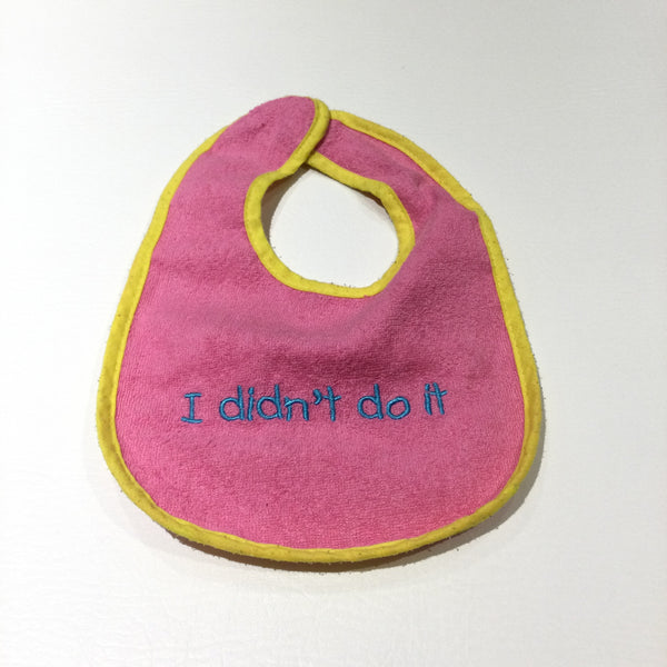 'I Didn't Do It' Pink & Yellow Waterproof Bib - Girls 0-3 Months