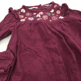 Flowers Embroidered Maroon Cotton Dress - Girls 18-24 Months