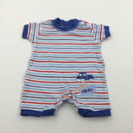 '100% Trouble' Pick Up Truck Red, Blue & White Striped Jersey Short Romper - Boys Newborn