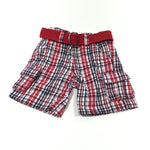Red, Black & White Checked Cotton Twill Shorts with Belt - Boys 9-12 Months