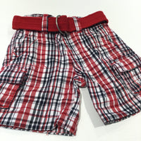 Red, Black & White Checked Cotton Twill Shorts with Belt - Boys 9-12 Months