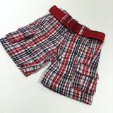 Red, Black & White Checked Cotton Twill Shorts with Belt - Boys 9-12 Months