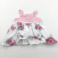 Flowers Pink & White Cotton Sun Dress with Visible Underskirt - Girls 3-6 Months