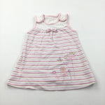 Flowers Embroidered Colourful Striped Pink & White Jersey Dress - Girls 6-9 Months