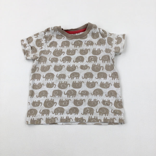 Elephants Beige & White Cotton T-Shirt - Boys 12-18 Months