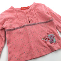 Flowers & Teapot Embroidered Coral Pink Spotty Long Sleeve Tunic Top - Girls Newborn