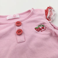 'Mayoral' Appliqued Fruit Pink & Red Jersey Romper - Girls 3-6 Months