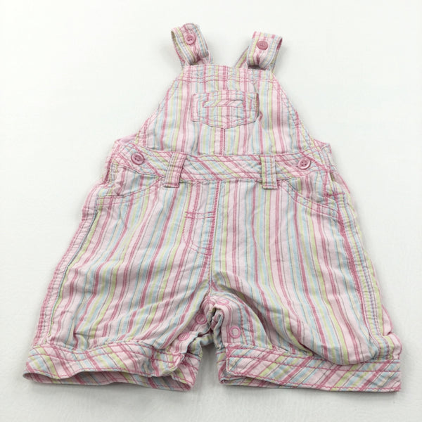 Pink, Green & Blue Striped Short Cotton Dungarees - Girls 3-6 Months