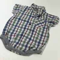 Burgundy, Blue, Green & Whie Checked Cotton Shirt Style Short Sleeve Bodysuit - Boys 0-3 Months