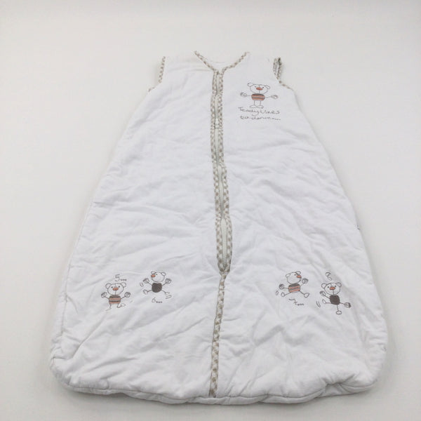 'Teddy Likes To Dance' Embroidered White & Beige Sleeping Bag - 2.5 Tog - Boys/Girls 6-18 Months
