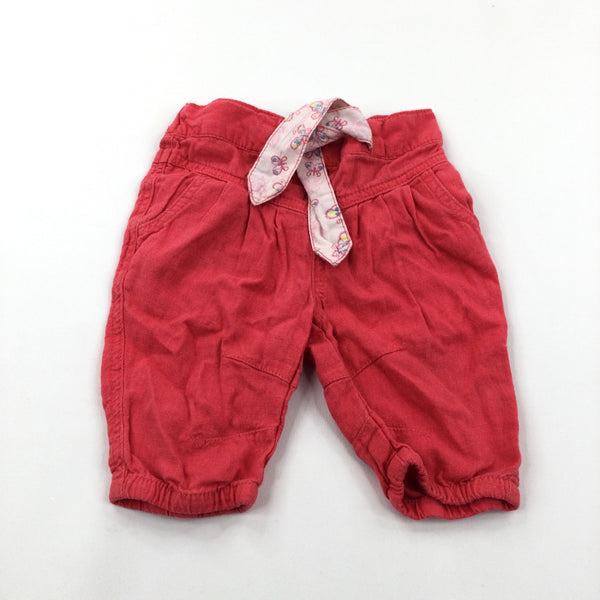 Coral Pink Cotton Cropped Trousers with Fabric Belt - Girls 9-12 Months