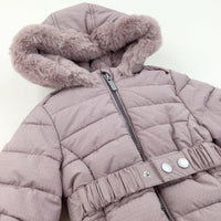Thick Padded Dusky Pink Coat with Fleece Lined Hood & Detachable Mittens - Girls 12-18 Months
