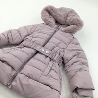 Thick Padded Dusky Pink Coat with Fleece Lined Hood & Detachable Mittens - Girls 12-18 Months