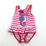 Seahorse Appliqued Pink & White Swimming Costume - Girls 9-12 Months