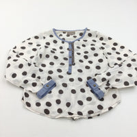 Spotty White, Brown & Blue Cotton Long Sleeve Blouse - Girls 10 Years