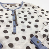 Spotty White, Brown & Blue Cotton Long Sleeve Blouse - Girls 10 Years