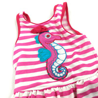 Seahorse Appliqued Pink & White Swimming Costume - Girls 9-12 Months