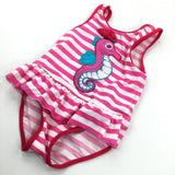 Seahorse Appliqued Pink & White Swimming Costume - Girls 9-12 Months