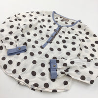 Spotty White, Brown & Blue Cotton Long Sleeve Blouse - Girls 10 Years