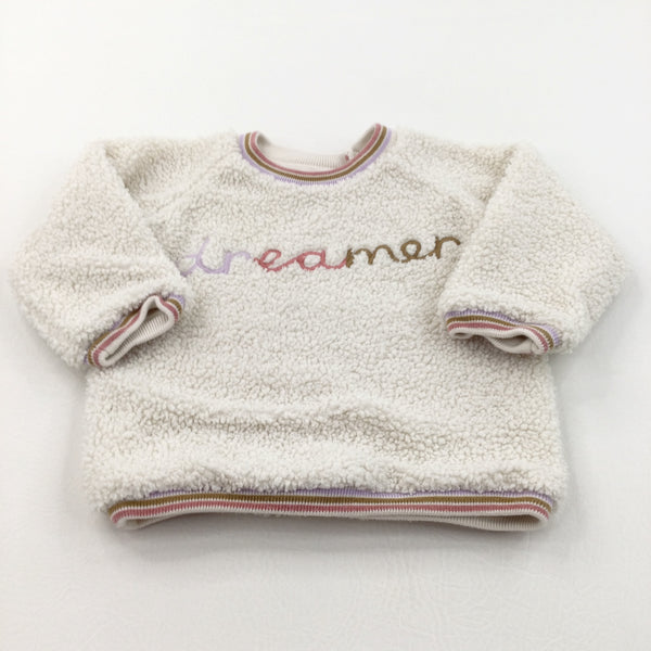 'Dreamer' Embroidered Cream Fluffy Fleece Jumper